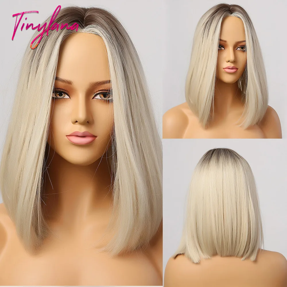 

TINY LANA Hairline Part Synthetic Wigs Ombre Ash Brown Blonde Mid-Length Straight Bobo Daily Wigs for Women Heat Resistant
