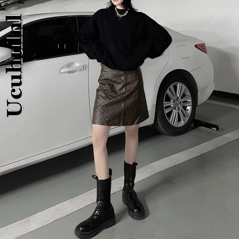 

Ucuhulnl Korean New Streetwear Harajuku Diablo Style Women Argyle PU Skirt Vintage Buttocks Skirt High Waist Casual A-Line Mini