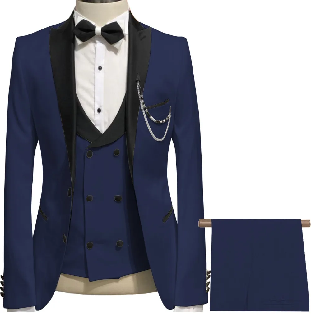 

New Arrival Men Suits Navy Blue and Black Groom Tuxedos Peak Lapel Groomsmen 3 Pieces Set ( Jacket+Pants+Vest+Bow Tie ) D335