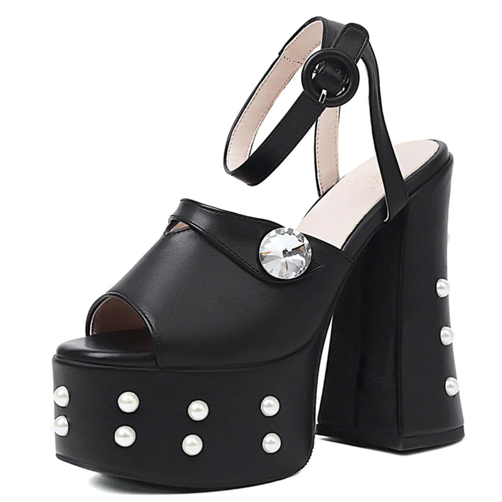 

Plus Size 35-46 Brand New Lady Chunky High Heels Sandals Crystal Pearl Platform Summer women's Sandals Party OL Sexy Shoes Woman