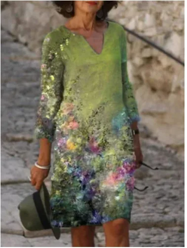 

Vintage Floral Print Dress Women 2021 Summer Elegant V-Neck Half Sleeves Knee Length Dresses Female Casual Loose Vestidos