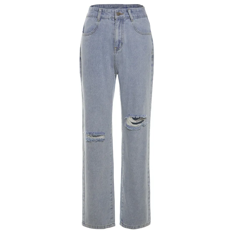 

Hollow Out Straight High Pant 2021 Women Casual Holes Sexy Vintage Jeans Denim Loose Streetwear Summer Fashion Trousers