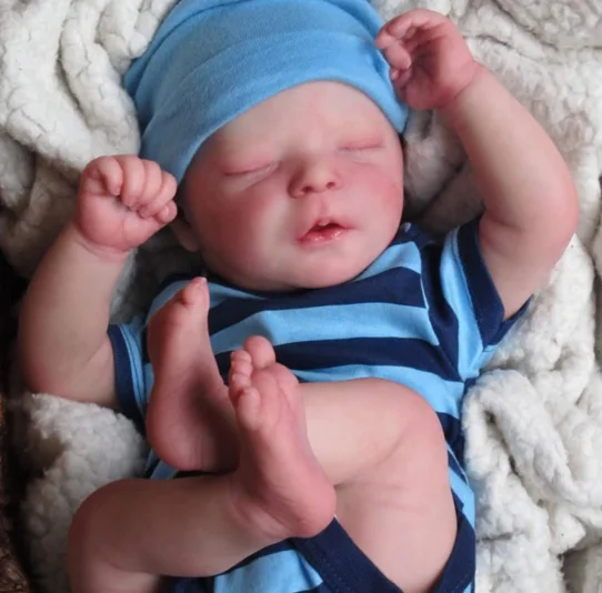 

17.5 Inch Cloth Body Reborn Baby Boy Sleeping Dark Blue Striped Doll Darren Normal Edtion