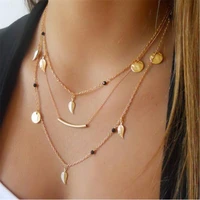 black bead leaf pendant geometric multilayer necklace for women fashion jewelry 2021