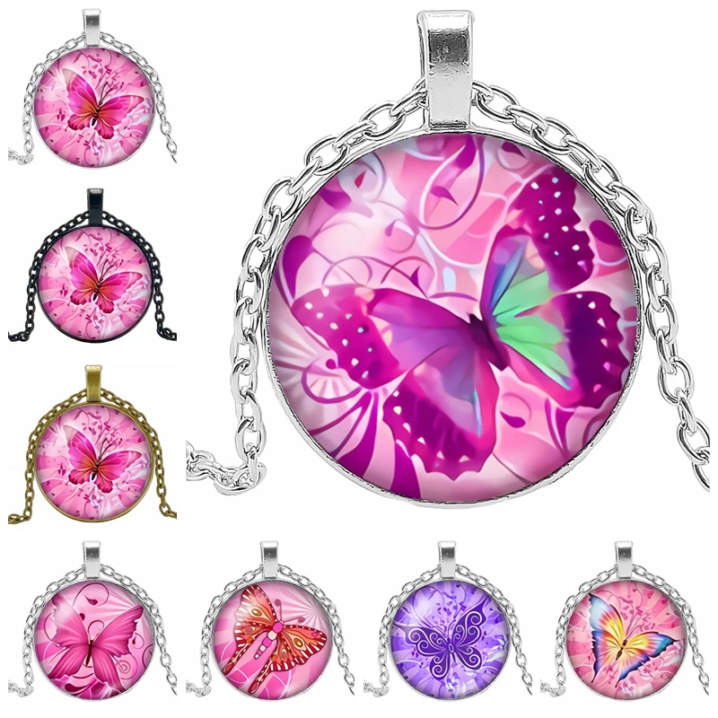 

HOT! 2020 New Creative Cartoon Pink Butterfly Glass Convex Round Pendant Fashion Charm Girl Jewelry Necklace When Fittings