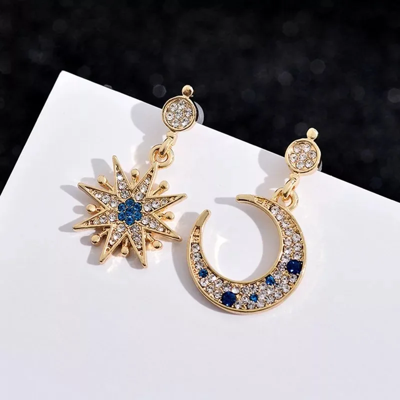 Женские серьги в форме Луны со звездой асимметричные стразы Серебряная игла