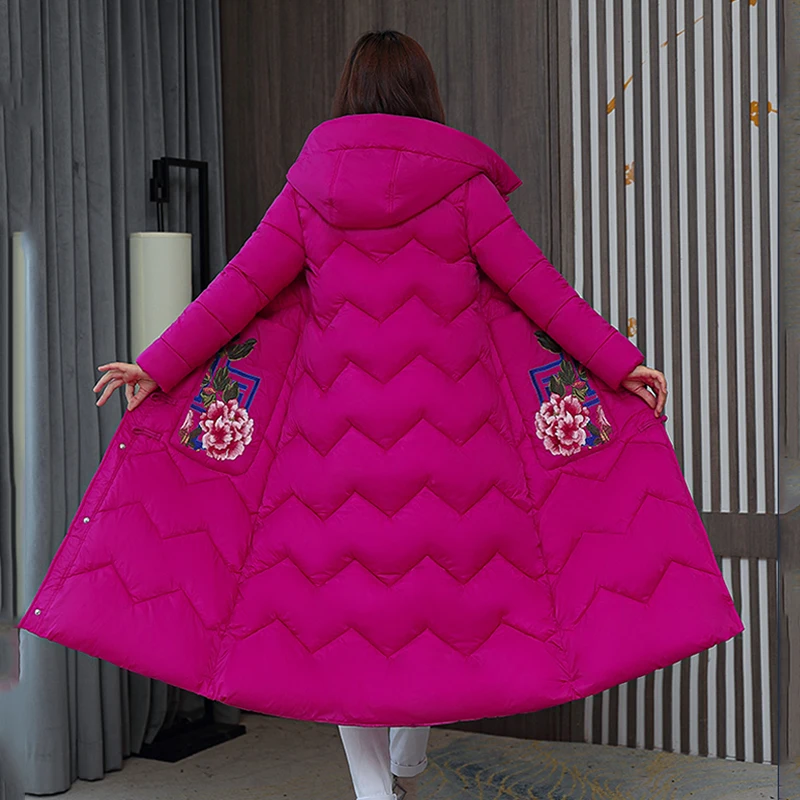 

Winter Jacket Women Parka Warm Thick X-Long Down Cotton Coat Single-Breasted Pockets Hooded Jacket Female Chinese Style Parkas