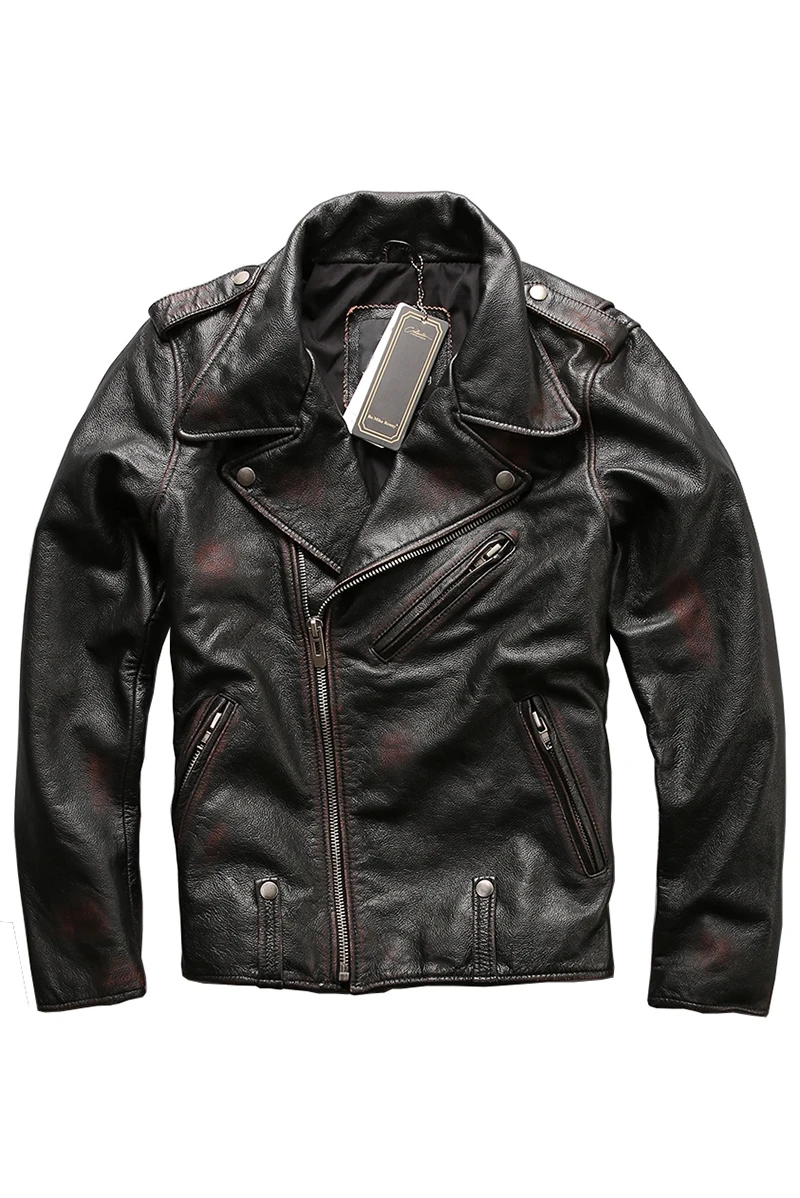 

2021 Men's italy vintage genuine leather motorcycle slim fit Diagonal zipper biker jacket men cowhide rider coat brown