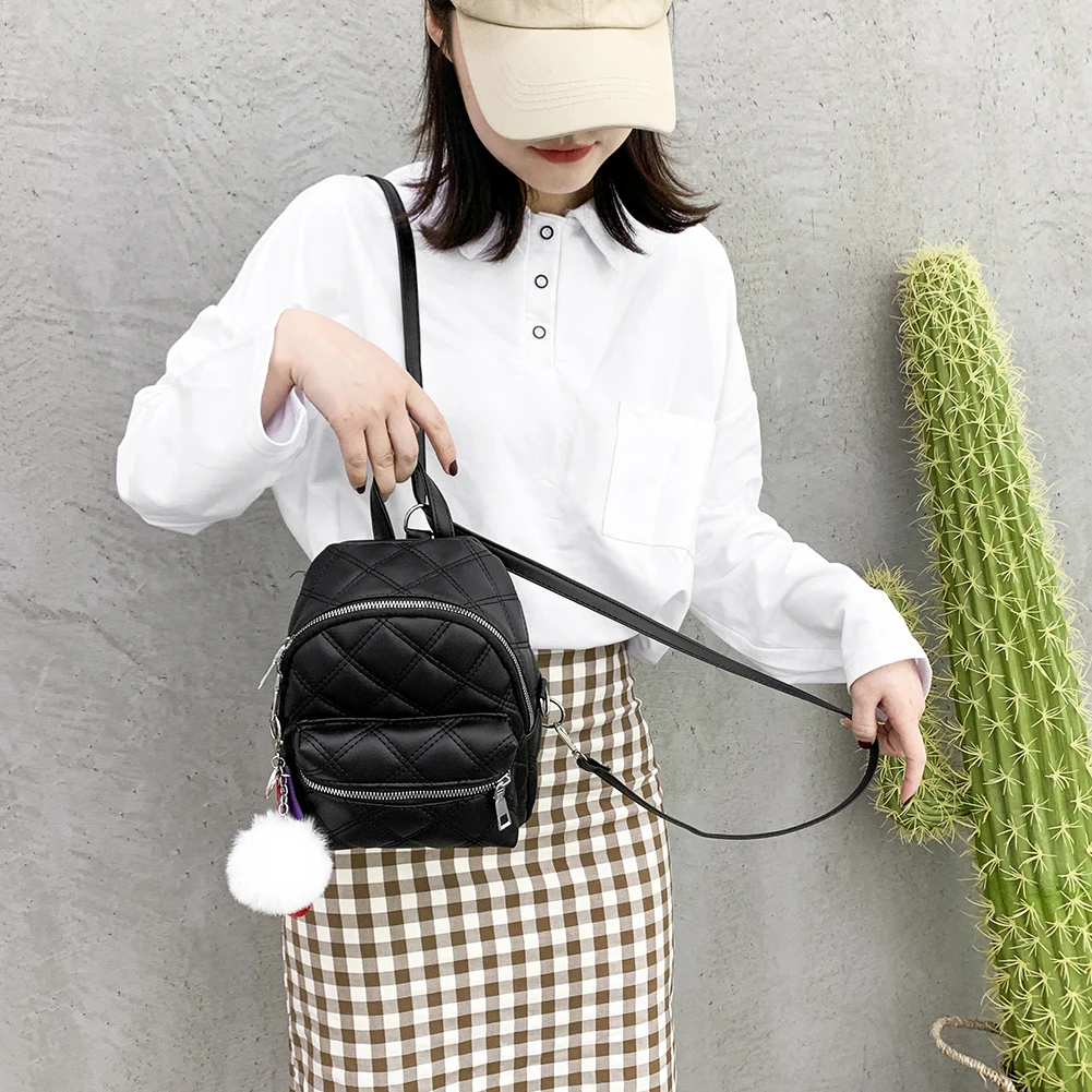 

Fashion Female Casual Shoulder Bookbags Durable PU Leather Lattice Pattern Rucksack Hanging Pompom Solid Color Backpacks
