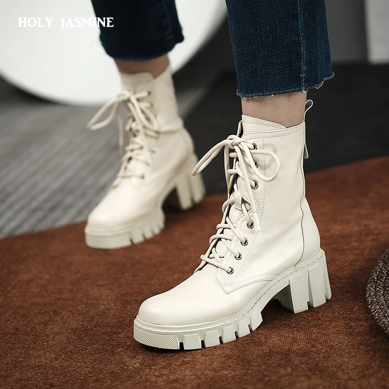 

Ankle Boots Genuine Leather Lace Up 2021 Winter New Round Toe Shoes Woman Office Lady Basic Boots Boots Platform Shoes Booties