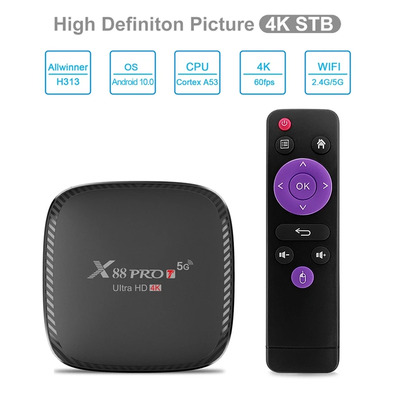 

Android 10.0 X88 PRO T Smart TV Box 2.4G/5G Dual Band Wifi 802.11 A/B/G/N Bluetooth V5.0 1+8G Ethernet 4K
