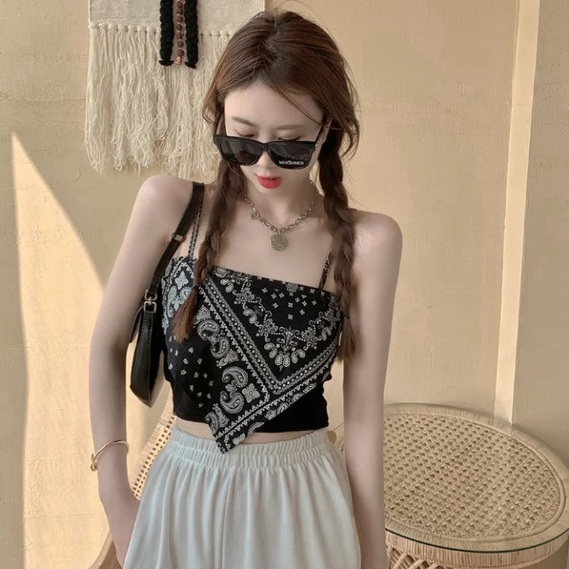 

Summer New Cashew Print Backless Sleeveless Women Tanks Halter Belt Triangle Scarf Tops Female Out Wear Diablo High Street Camis
