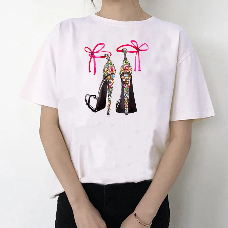 

2021 Women T Shirt watercolor high heels shoes print t shirt women Summer Short sleeve Tops tee Girl Hipster T-shirts streetwear