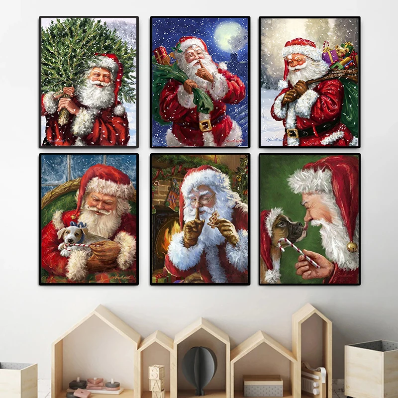 

Современное настенное искусство, Картина на холсте, постер для скандинавского Рождества, Санта-Клаус и снег, мультяшное украшение для гости...