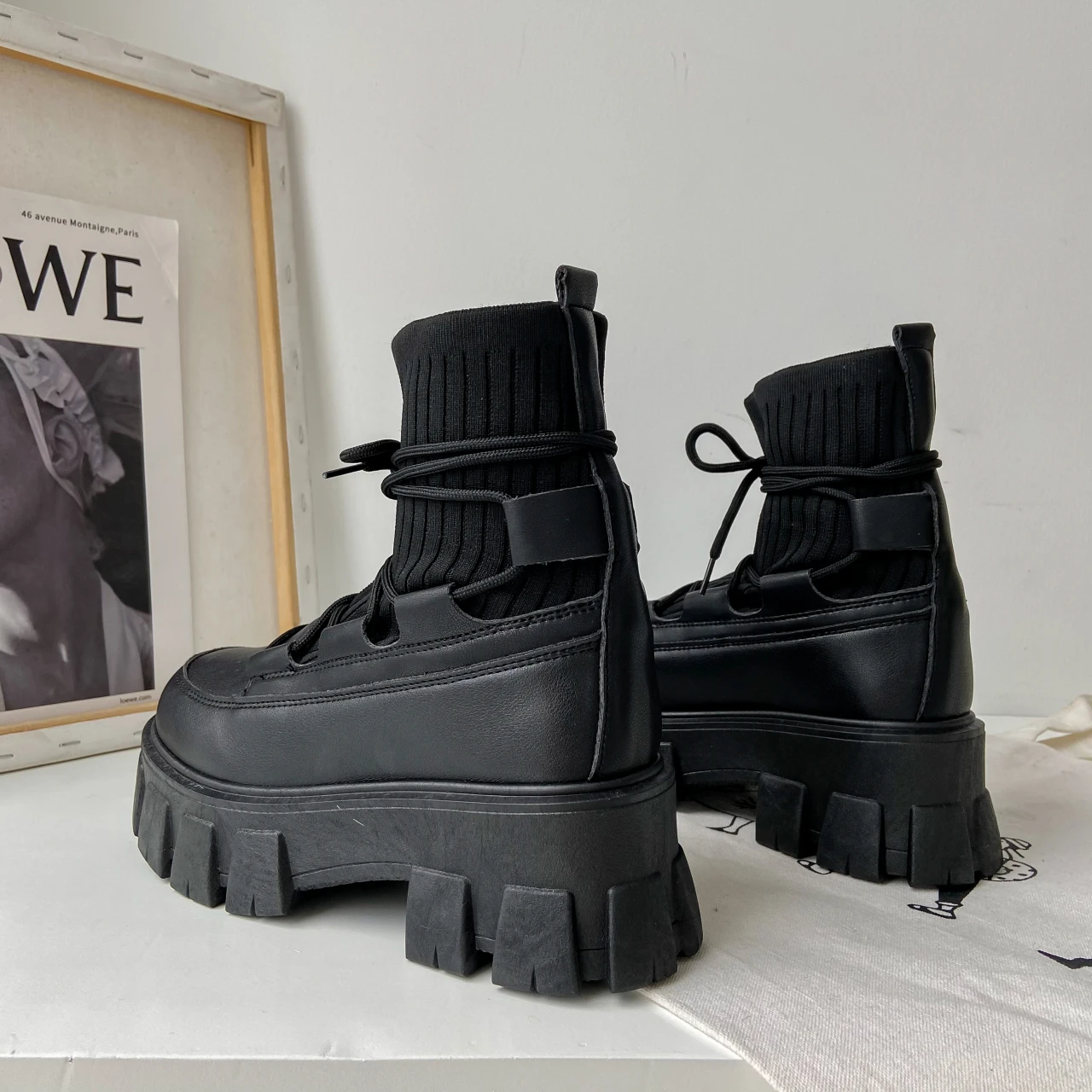 

Ankel Boots for Women Chunky Martin Boots Knitting Leather Ladies Fashion Platform Motorcycle Boots Botas De Invierno Para Mujer