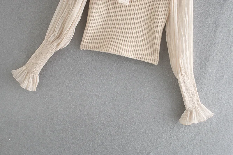 

2021 Spring women new style mesh lace bow stitching knitted sweater women's fashion top