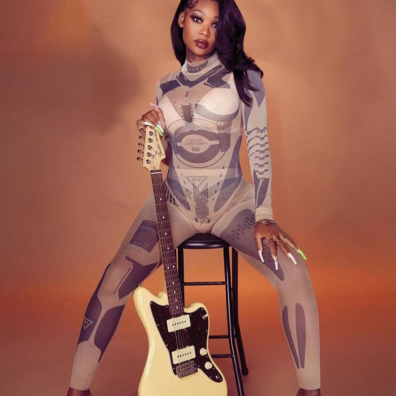 

Women’s Two Piece Casual Set Personality Print Long-sleeved Jumpsuit and High Waist Trousers Mesh Women 2 Piece Set Club Outfits