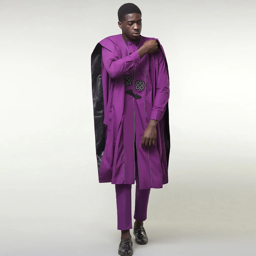SUNGIFT Men's African Stylish Clothing Printed Agbada Dashiki Top Shirts and Pants Boubous Slim Fit Breathable Outfits 3 Pieces