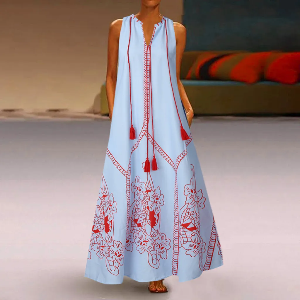 

Women Floral Printed Dress Summer Maxi Dress Vintage Casual Sleeveless Tunic Vestido Female Long Dresses Robe Plus Size New