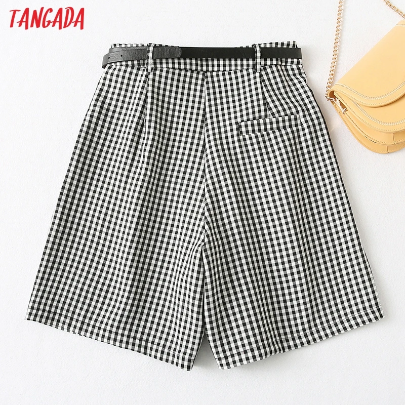 

Tangada Women Elegant Plaid Shorts with Belt Zipper Pockets Female Retro Casual Shorts Pantalones YU31