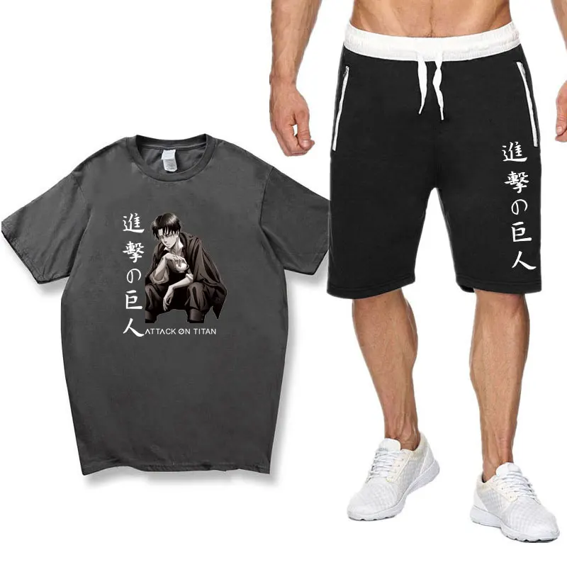 

Summer Two Piece Set Anime Attack On Titan cotton men's fashion T-shirt Sports Shorts men's sets Shorts pantsuit Sets Sweatpants