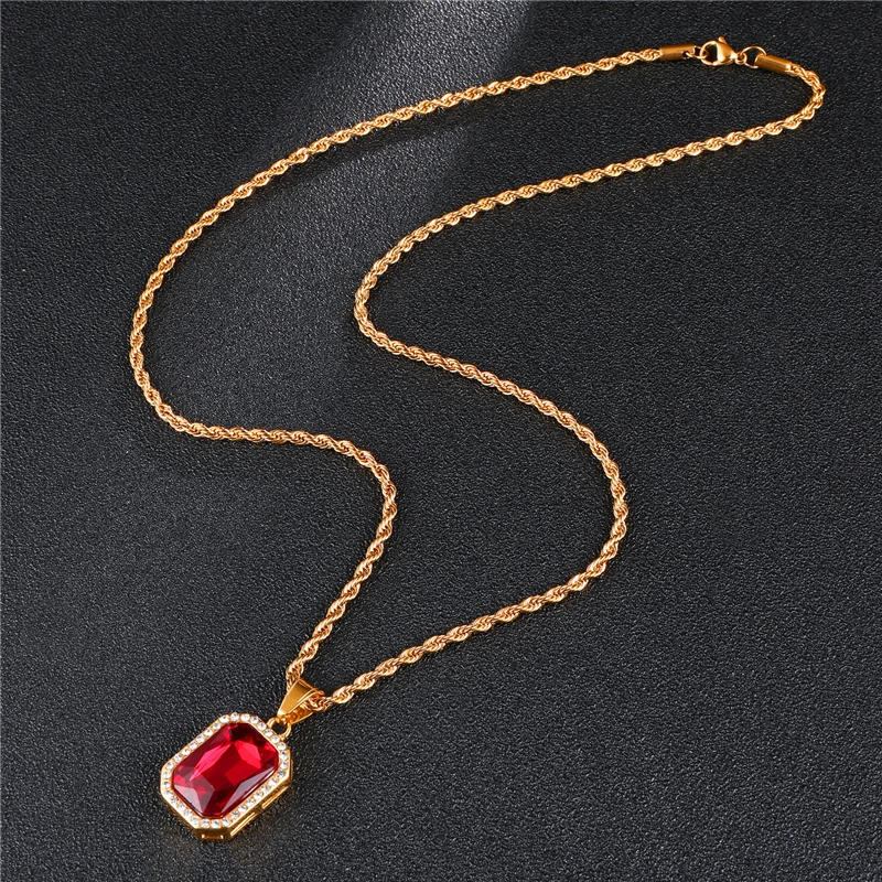 

Bling Iced Out Square Red Crystal Necklace & Pendants Paved Pendant Stainless Steel Chain For Men jewelry