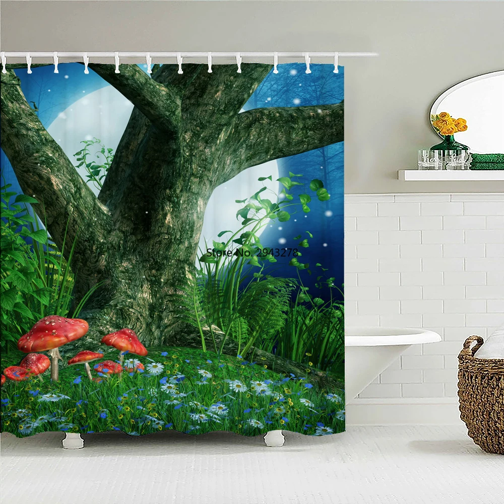 

High Quality Cartoon Fantasy Forest Printed Fabric Shower Curtains Scenery Bath Screen Waterproof Bathroom Decor with 12 Hooks