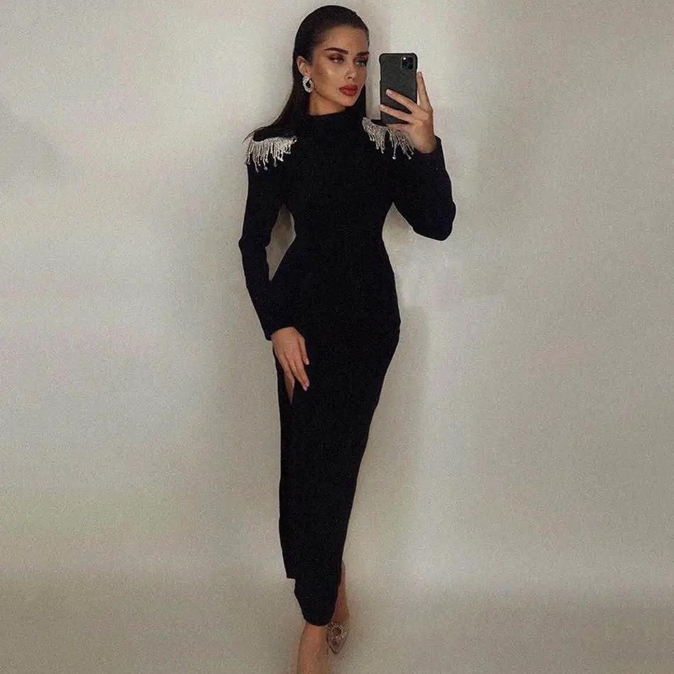 

Autumn Style Women Sexy Turtleneck Full Seleeves Backless Tassel Diamonds Mid Bodycon Bandage Dress 2020 Designer Celebrity Part