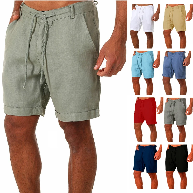 Male Summer Breathable Solid Color Linen Trousers Men's Cotton Linen shorts Pants Fitness Streetwear S-4XL