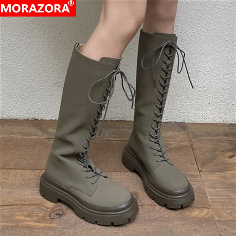 

MORAZORA 2022 New Arrive Knee High Boots Women Genuine Leather Shoes Cross Tied Flat Platform Boots Women Fashion Shoes