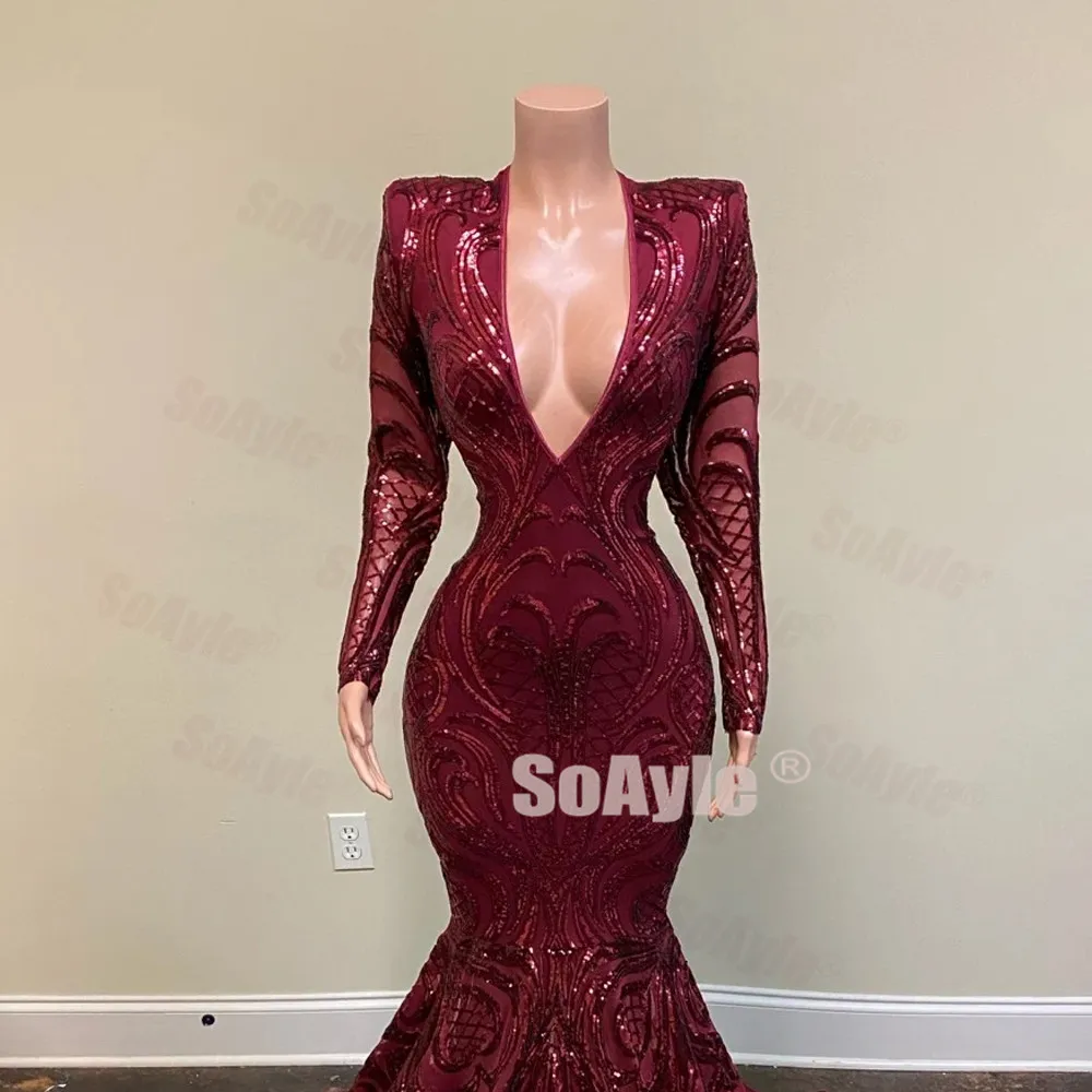 SoAyle Real Sample Long Prom Dresses 2020 Deep V-neck Mermaid Sequin Burgundy African Women Prom Dress Spandex Dresses