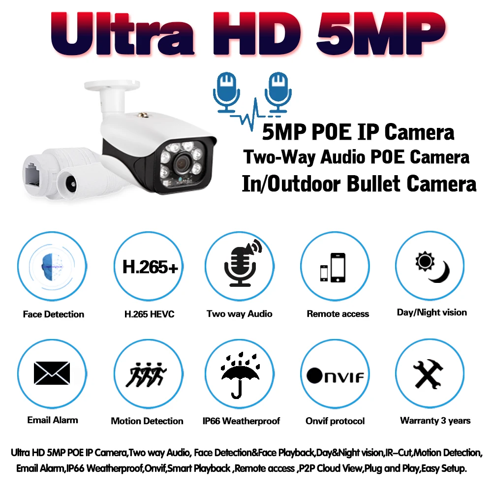 Камера видеонаблюдения H.265 POE двусторонняя HD 5 МП 2592*1944P XMEye ONVIF P2P RTSP 12 В 48 В|Камеры