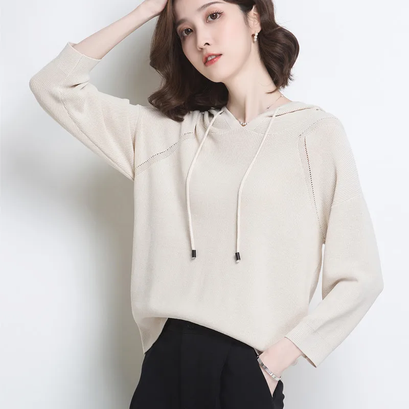 

Hoodies Women 2020 New Spring Korean Version Solid Color Loose Simple Hollow Out Pullover Hooded Knit Wear Plus Size M-3XL