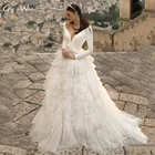 Женское атласное свадебное платье, элегантное Многоярусное ТРАПЕЦИЕВИДНОЕ ПЛАТЬЕ С Длинным Рукавом и глубоким V-образным вырезом, 2022