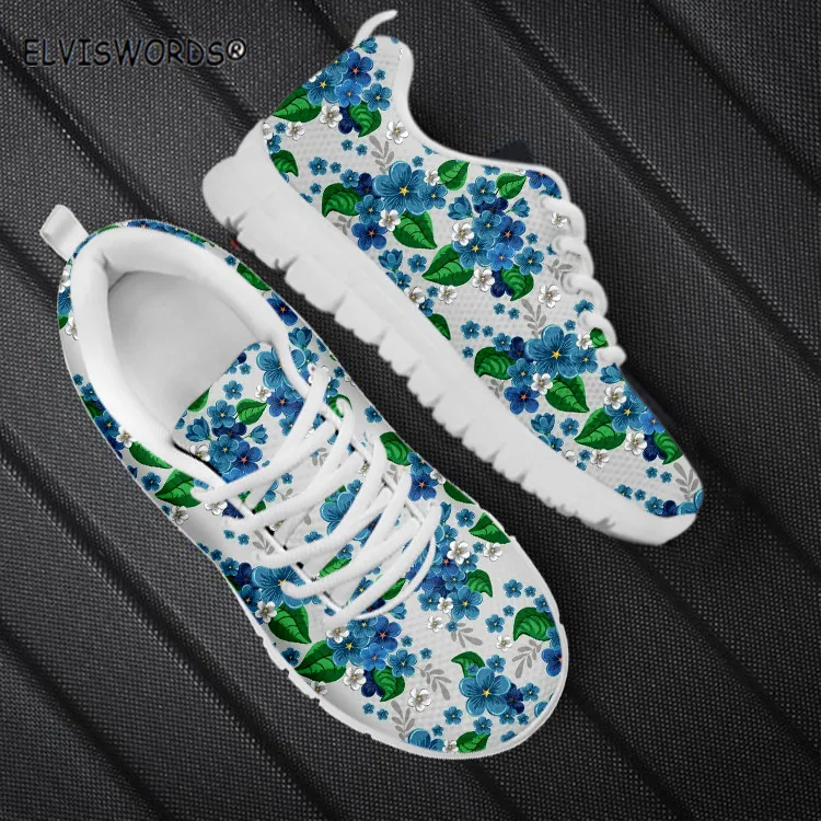 

ELVISWORDS Stylish Flower Design Breathable Air Mesh Sneakers for Ladies Non-ship Women Flat-Shoes Lace Up Woman's Sports Shoes