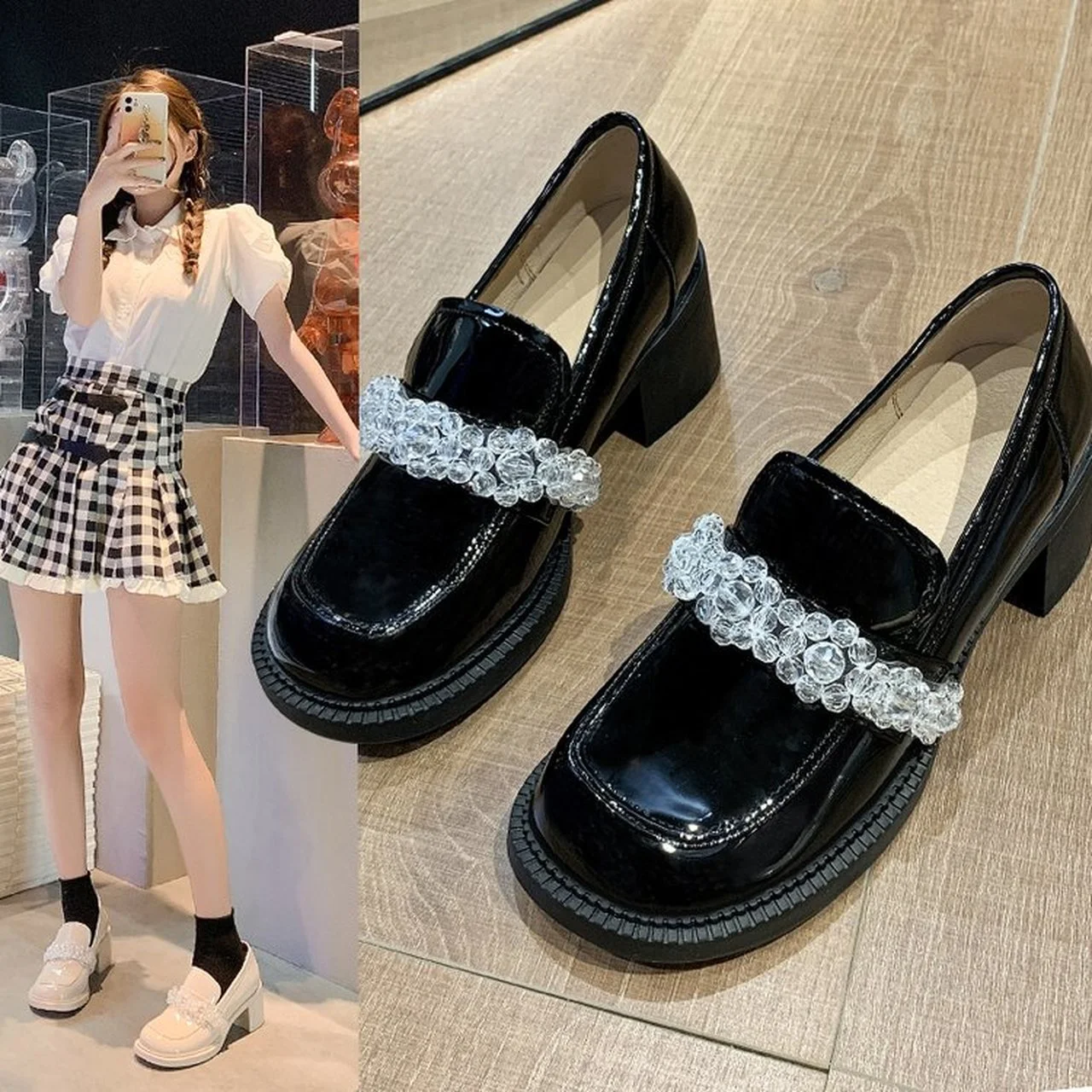 

Women's high heels single shoes Mary Jane shoes fall 6 cm thick heels fashion crystal beaded shoes Beige Zapatillas Mujer 2022