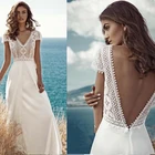 Женское кружевное шифоновое свадебное платье, белое пляжное платье невесты с V-образным вырезом и открытой спиной, платье со шлейфом и коротким рукавом в богемном стиле