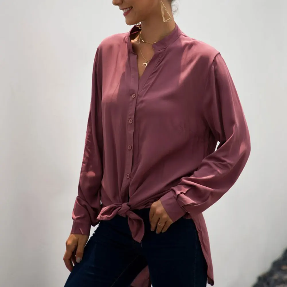 

Women V-neck Back Split Shirt Solid Color Long Sleeve Strap Shirt Tops BMF88