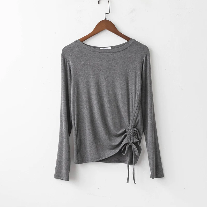 

Autumn O Neck Women Adjustable Ruched Drawstring Sides Tops Long Sleeve Casual Solid T Shirt 2019 New Brand