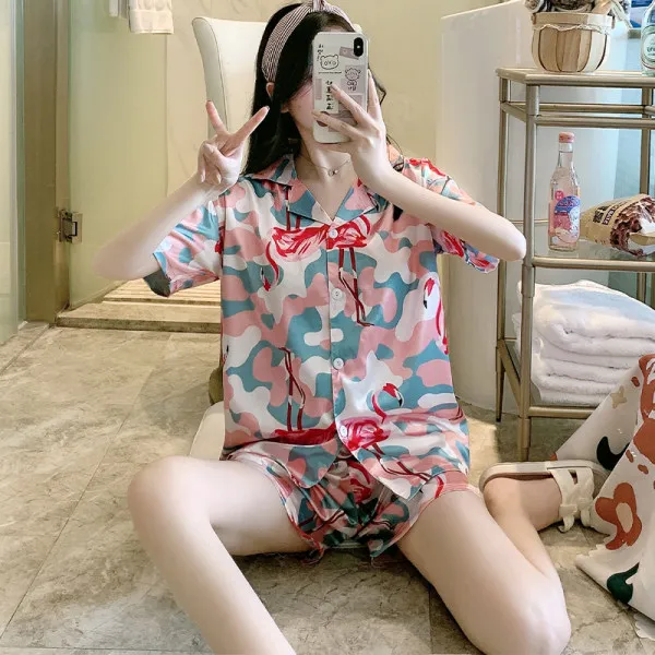 

New Summer Women Ice Silk Pajamas Set Casual Kawaii Pyjamas Sexy Lace Shirts+Shorts Sleepwear Soft Homewear Suit For Teen Girls