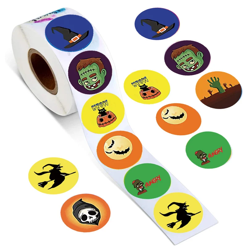 

1.5inch 500pcs/roll Cartoons Ghost Paper Stickers Adhesive Labels for Halloween Gifts Bags Packing Decor Sealing Round Sticker