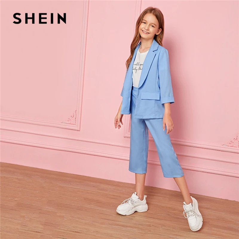 SHEIN/Детский комплект из блейзера и штанов для девочек пастельного синего цвета с воротником-тупым вырезом, Детские комплекты г. Осенняя повседневная одежда с длинными рукавами 3/4