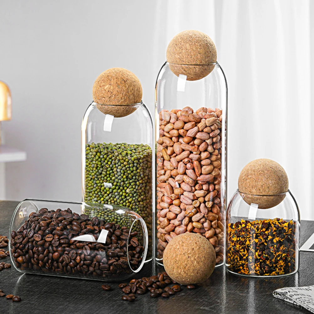 

Transparent Lead-free Glass Bottle With Ball Cork Lid Storage Jar Tank Sealed Tea Cans Dried Fruit Cereal Snacks Coffee Contains