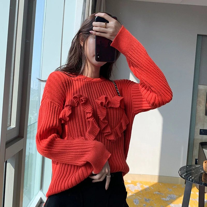 TWOTWINSTYLE Casual Red Striped Knitting Sweaters For Women O Neck Long Sleeve Autumn Pullovers Female Fashion Clothing New