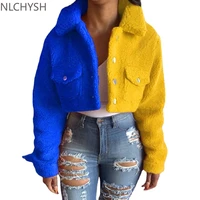 yellow blue color block spliced crop jackets women casual turn down collar long sleeve coat fall winter button pocket outwears