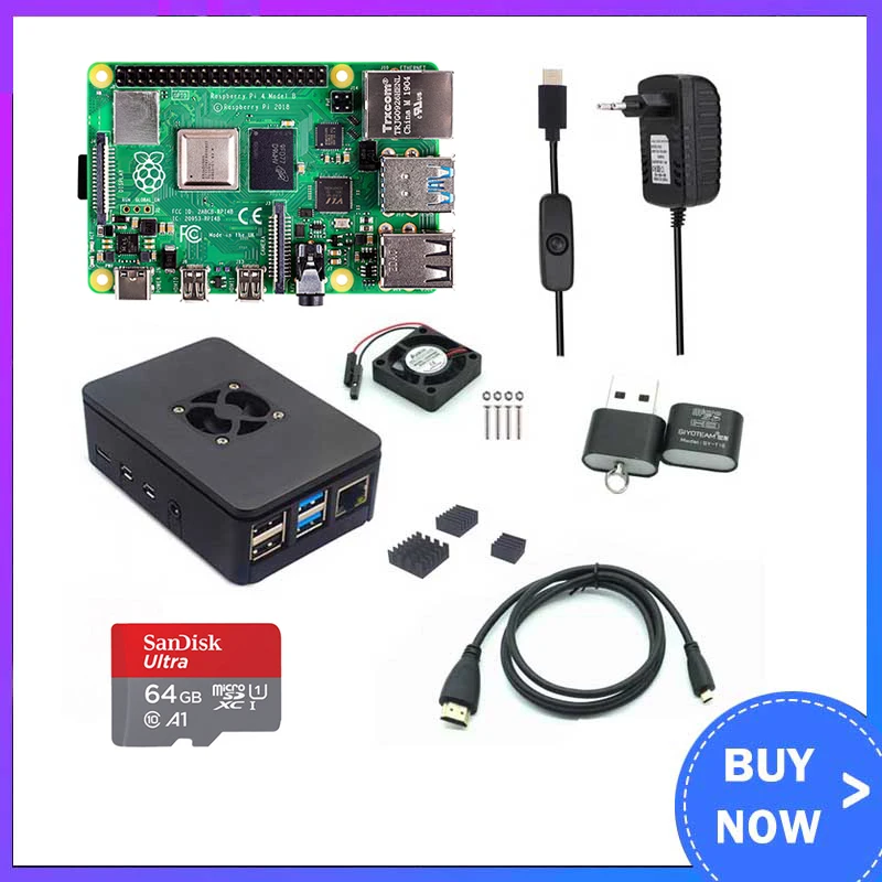 

Raspberry Pi 4 Model B 2/4 ГБ ОЗУ + чехол + вентилятор + радиатор + адаптер питания + SD-карта 32/64 ГБ + HDMI-совместимый кабель для RPI 4B