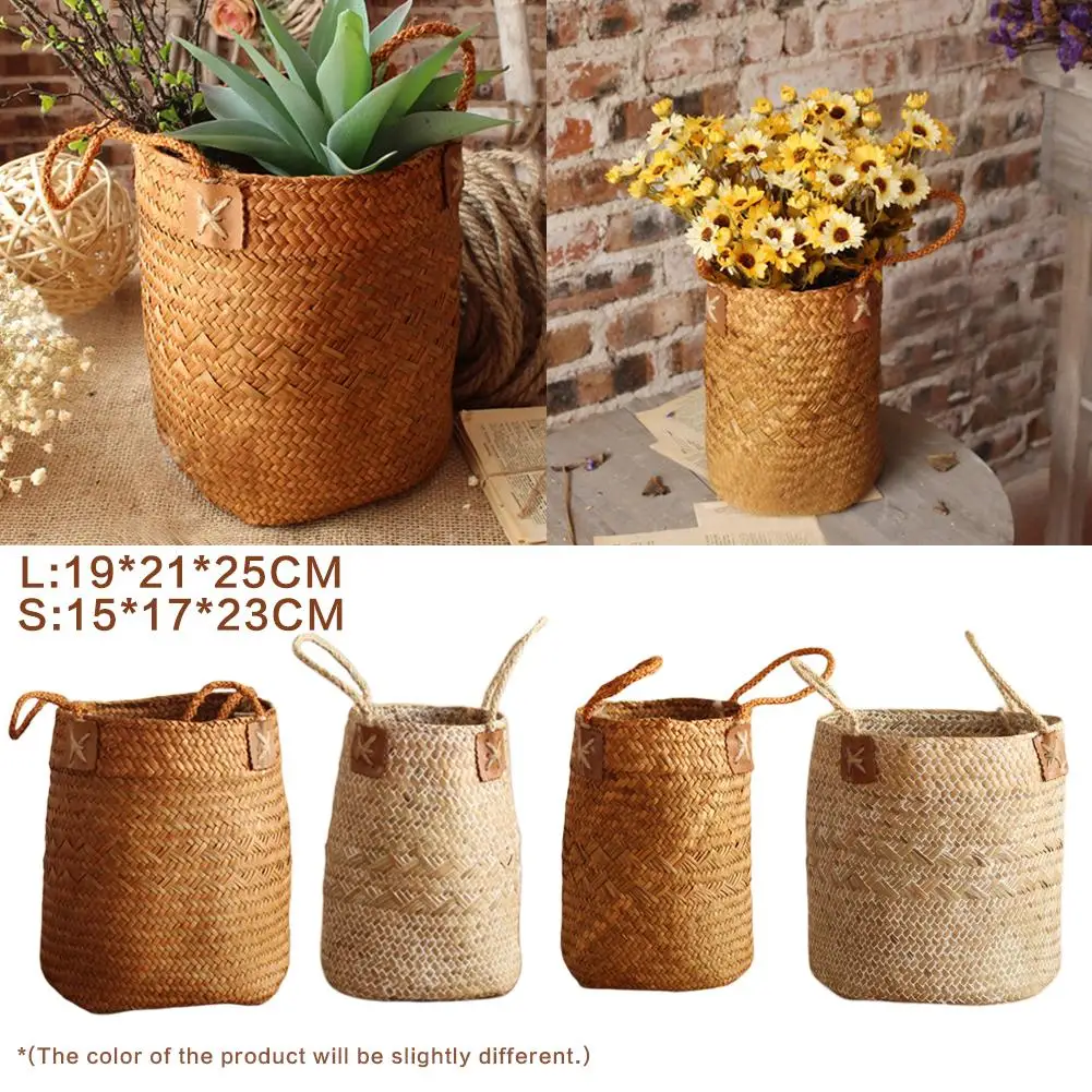 

Hand-Woven Seagrass Fruit Gardening Storage Basket Nordic Simple Garden Flower Vase Hanging Basket With Handle