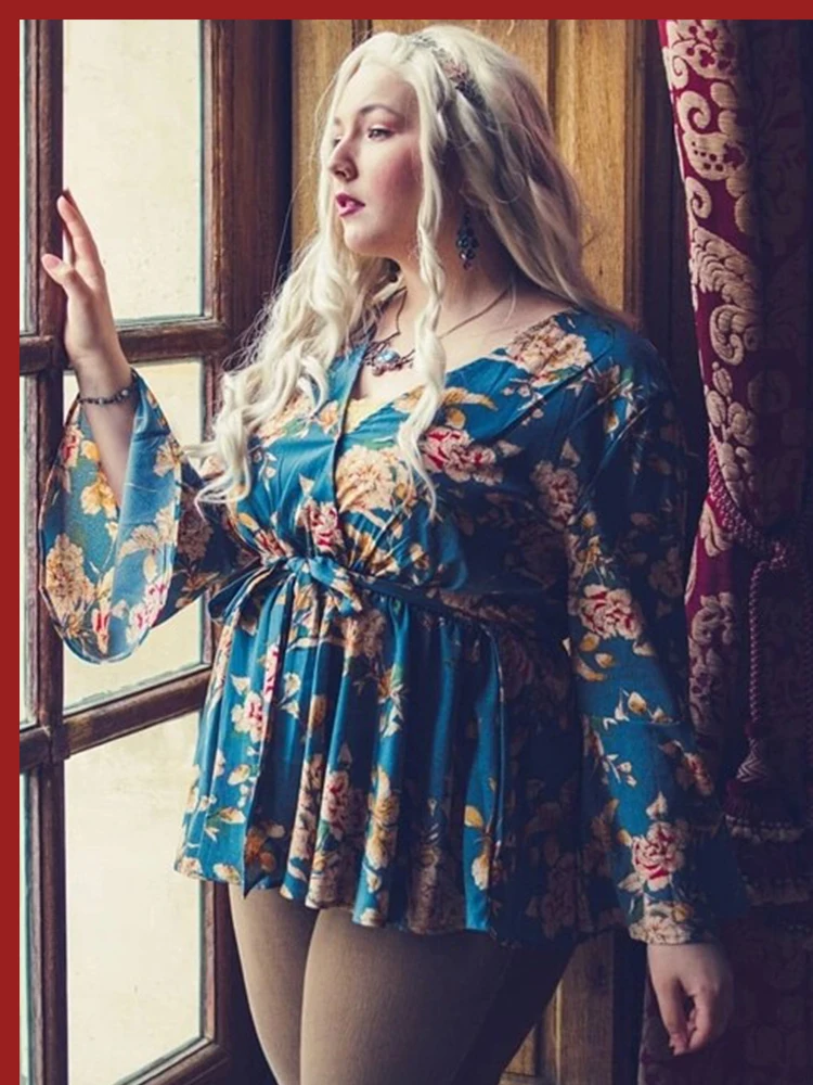 Sheinside размера плюс цветочный принт узел Воланы рукав блузка женская с длинным рукавом Бохо Топ V образным вырезом Женские топы и блузки
