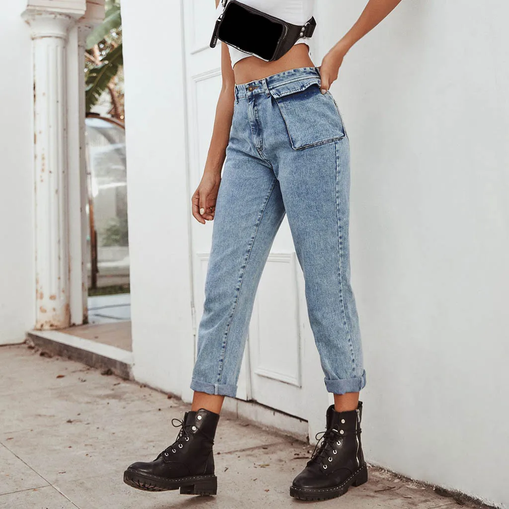 Женские джинсы 2020 с высокой талией женские прямые карманами свободные брюки