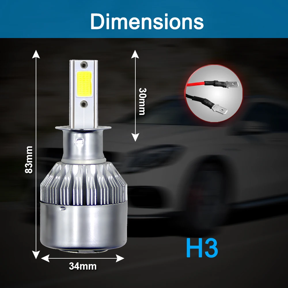 H3 2 шт. C6 комплект автомобильных светодиодных фар Led COB 6000K 36W 8000LM Hi/Lo Beam Turbo Light белые